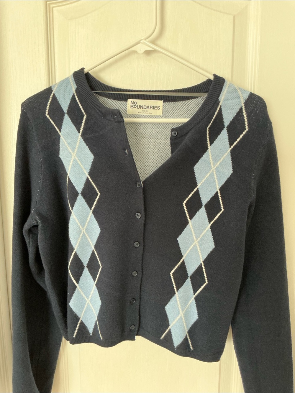 No Boundaries Navy and Light Blue Argyle Button Cardigan